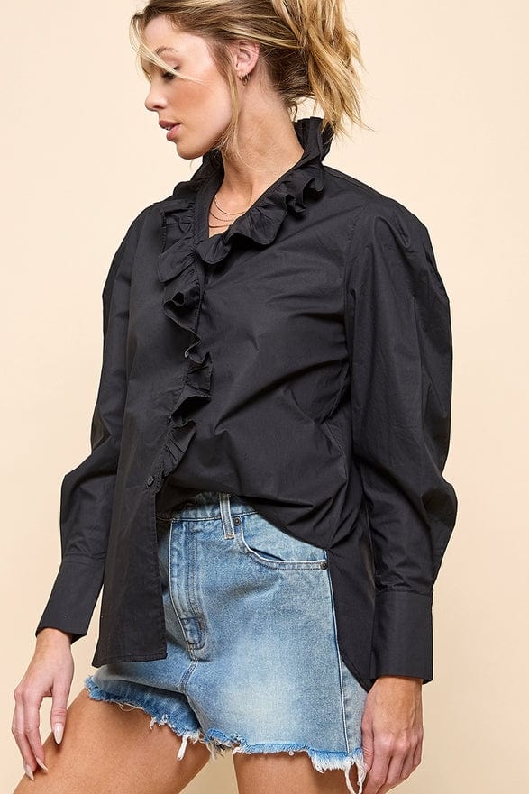 Cezele Cezele Ruffle Collar Button Down Blouse in Black - Little Miss Muffin Children & Home