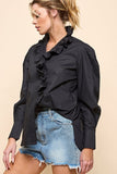 Cezele Ruffle Collar Button Down Blouse in Black