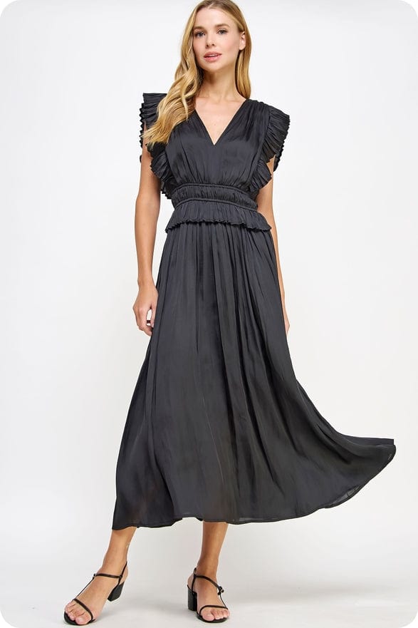 Strut & Bolt Sleeveless Pleated Long Satin Dress in Black Strut & Bolt Sleeveless Pleated Long Satin Dress in Black