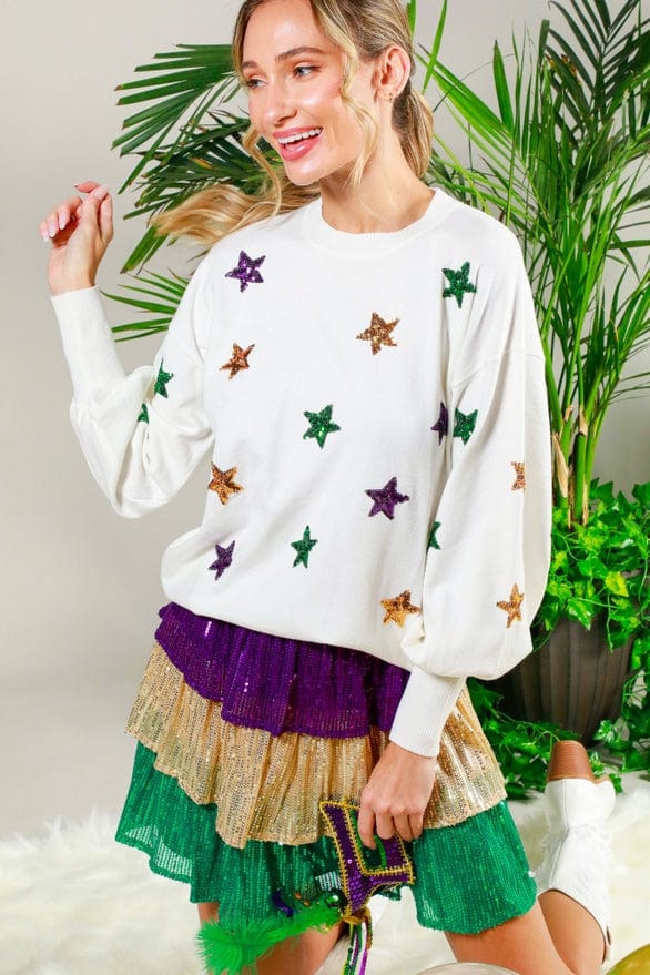 Vine & Love Vine & Love Balloon Sleeve Mardi Gras Sequin Stars Sweater - Little Miss Muffin Children & Home