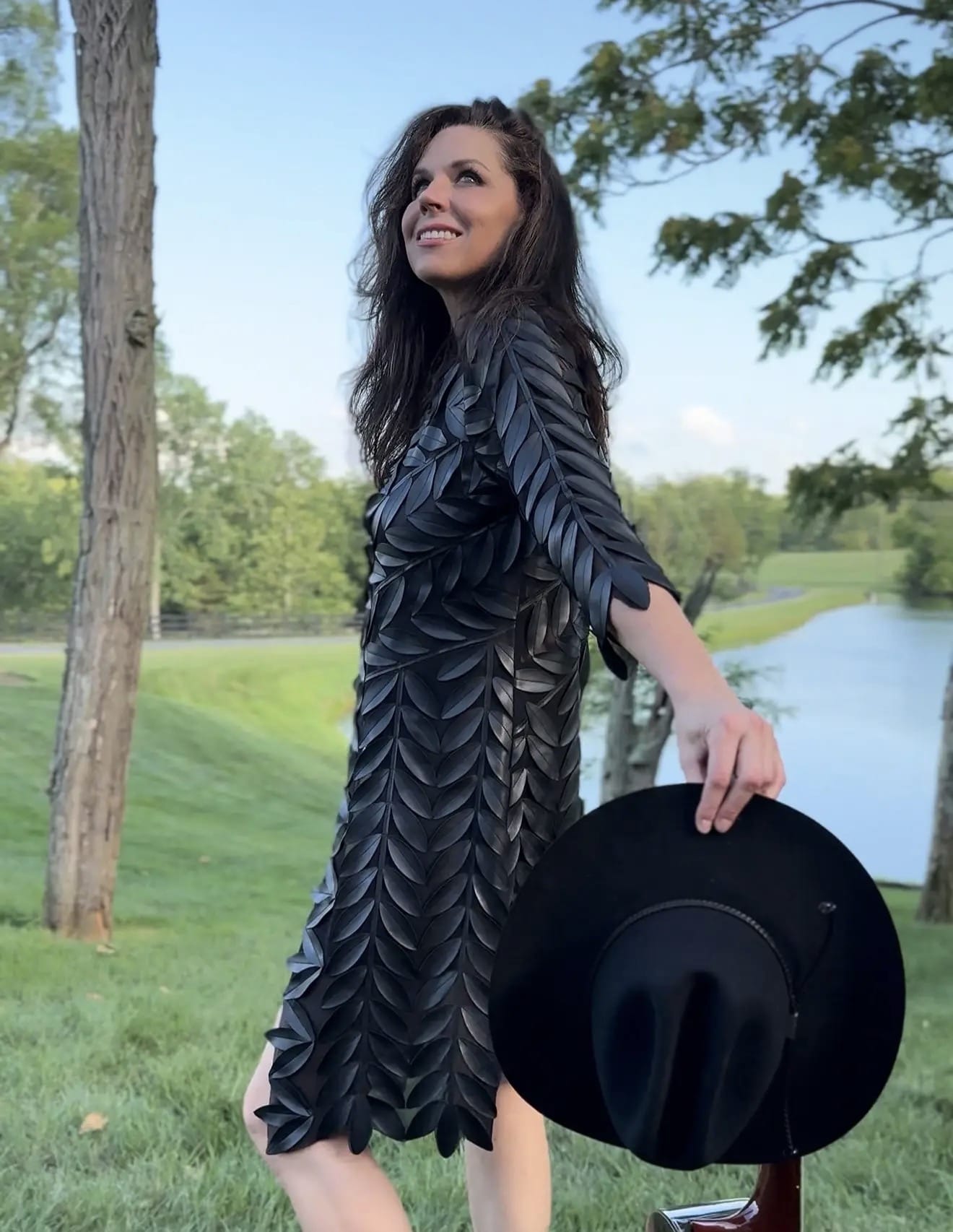 Faux Leather Leaves 3/4 Sleeves Long Jacket in Black
