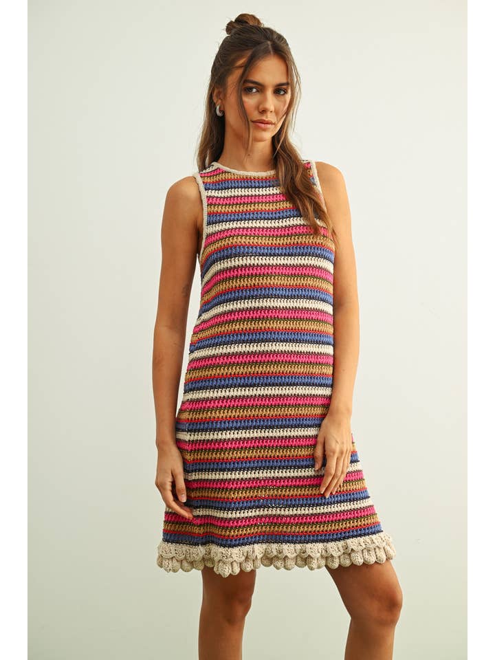 Multi Color Stripe Sleeveless Crochet Dress