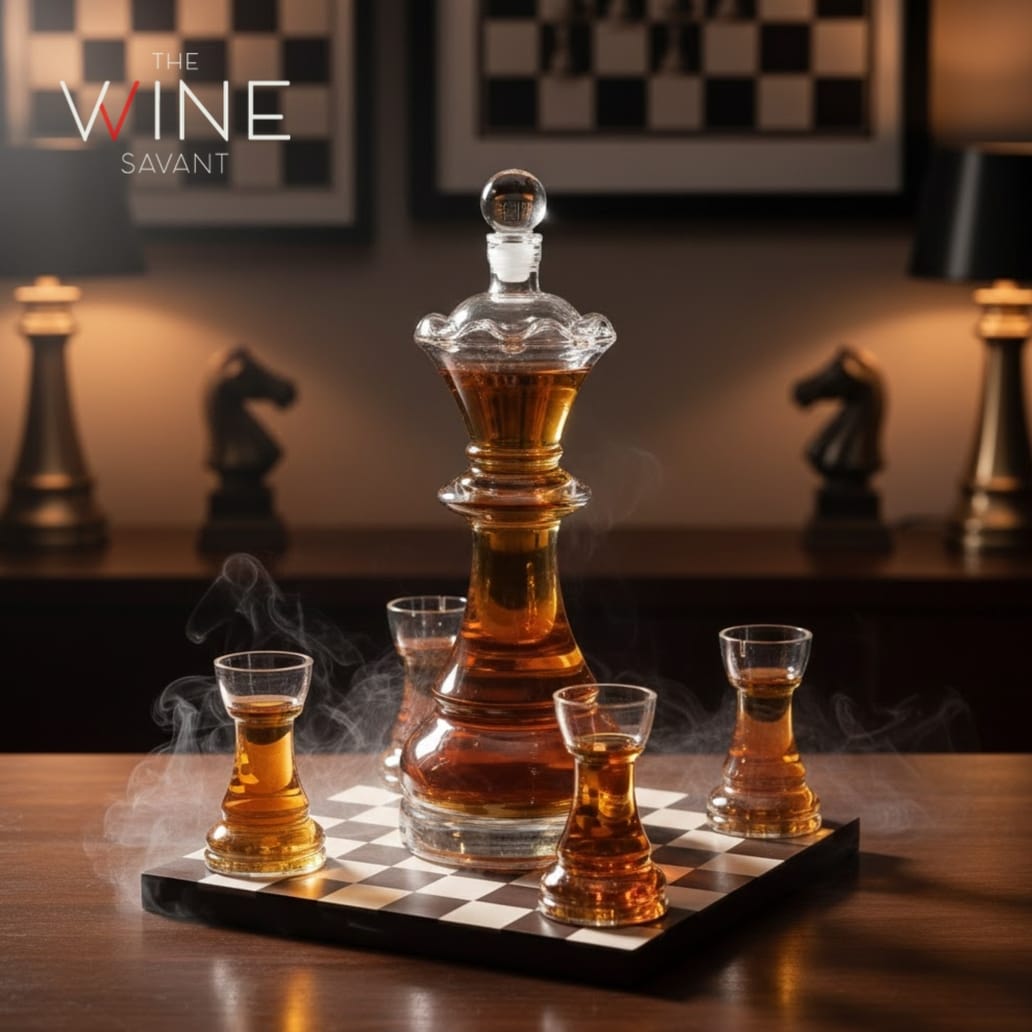 Chess decanter set displayed on a home bar