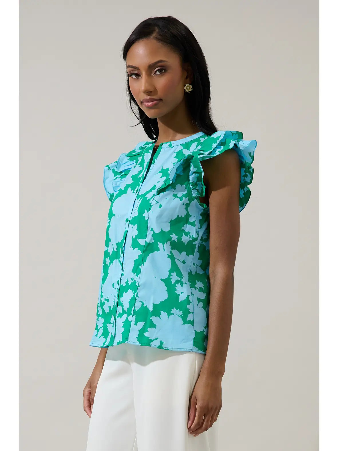Riona Floral Sammi Button Down Ruffle Top