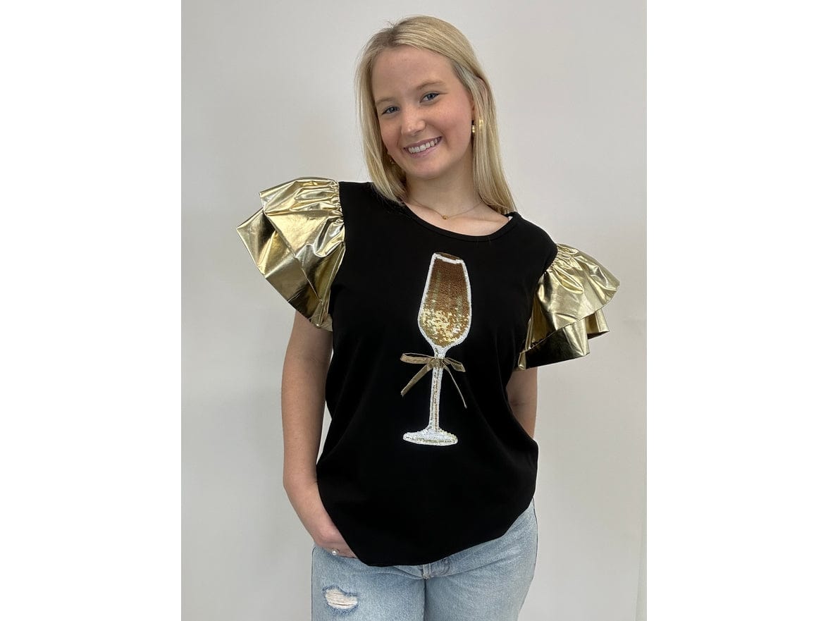 Bomb Designs Bomb Designs Sequin Cheers Women's Metallic Ruffle Sleeve Tee - Little Miss Muffin Children & Home
