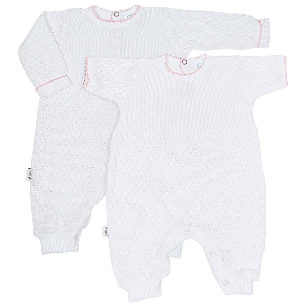 White Long Sleeve Romper with Key Hole Back Pink Picot Trim