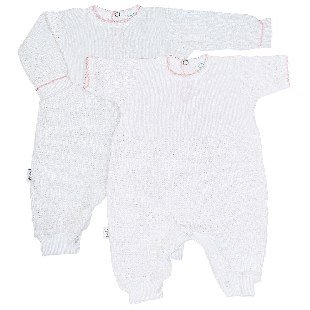 White Long Sleeve Romper with Key Hole Back Pink Picot Trim