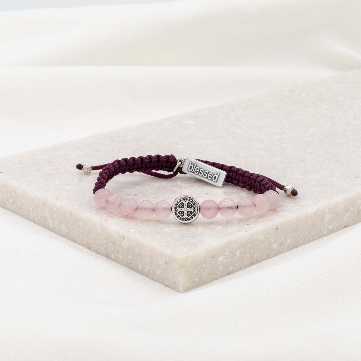 Wake Up and Pray Meditation Bracelet - Silver/Eggplant/Rose Quartz -Love