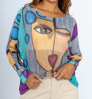 Loowie Blue Picasso Print Spring Long Sleeve Sweater