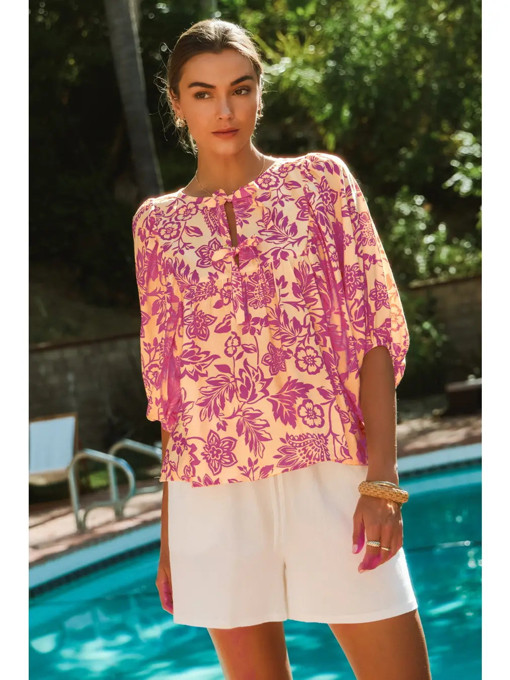 Floral Boho Print Top with Tie Neck