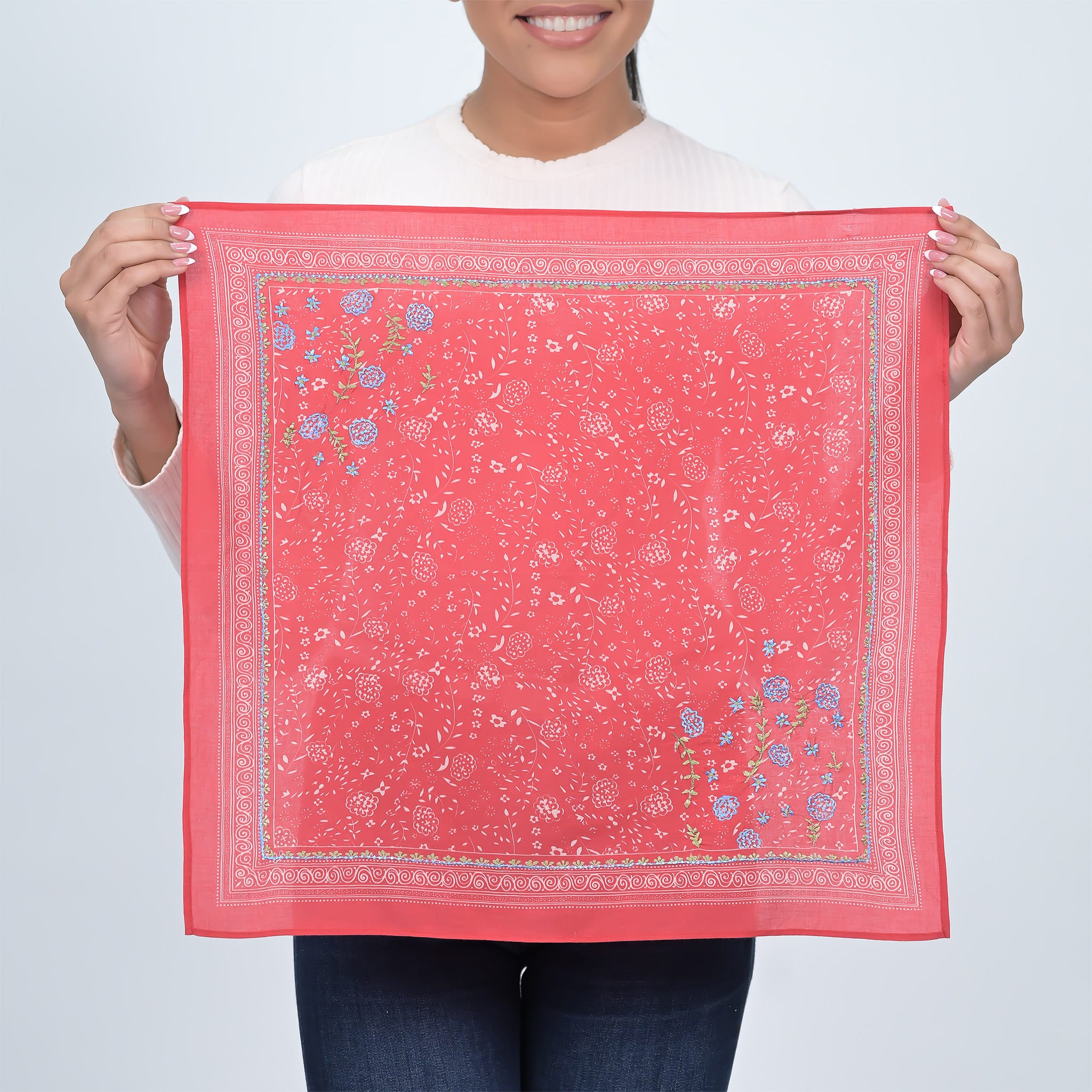 Red Embroidered Bandana Scarf