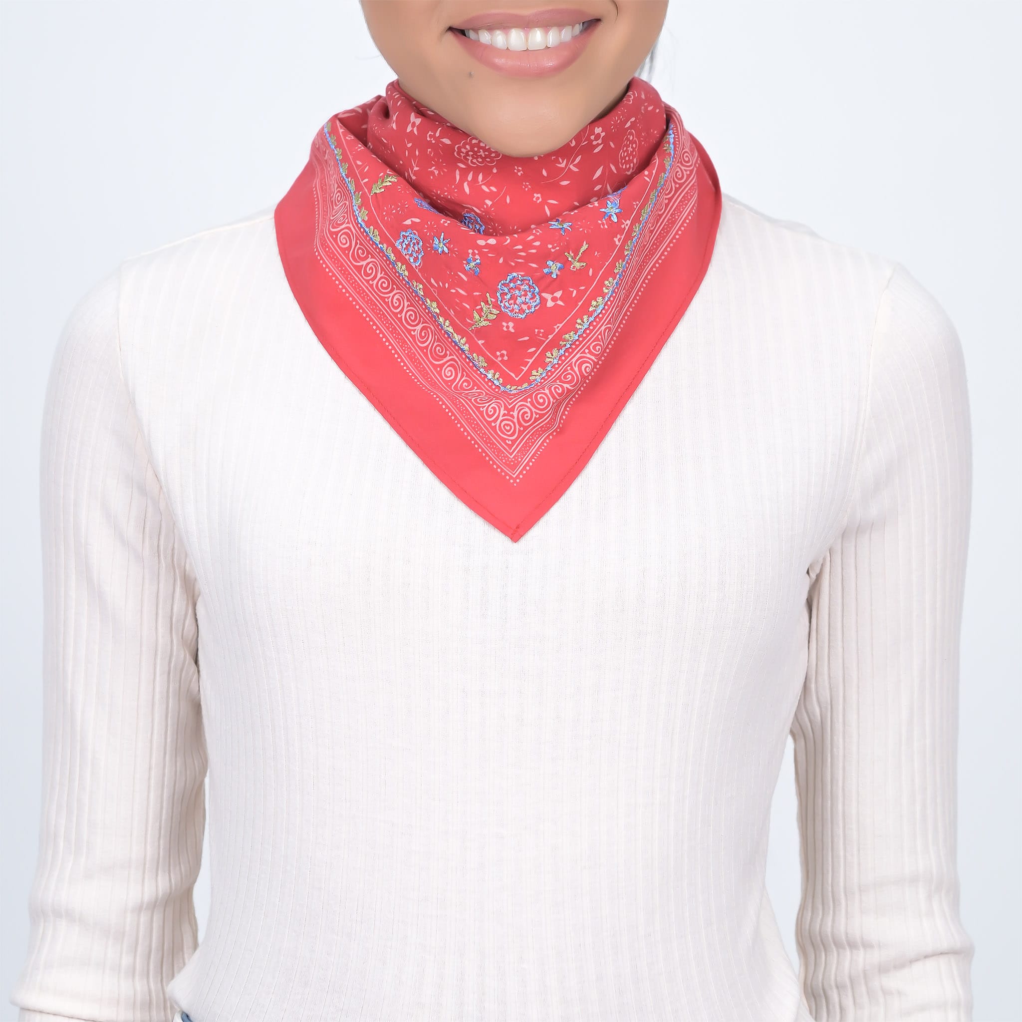 Red Embroidered Bandana Scarf