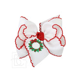 Beyond Creations Embroidered Wreath Crochet Edge Hair Bow-White with Red Crochet Edge