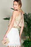 Vine & Love Metallic Halter Neck Tie Back Blouse in Gold