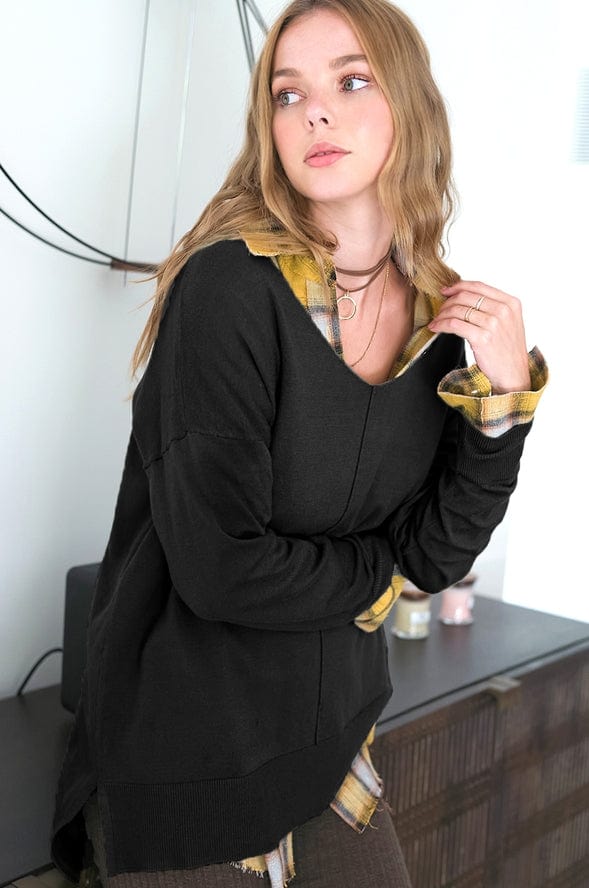 La Miel La Miel Lightweight V-Neck Sweater in Black - Little Miss Muffin Children & Home