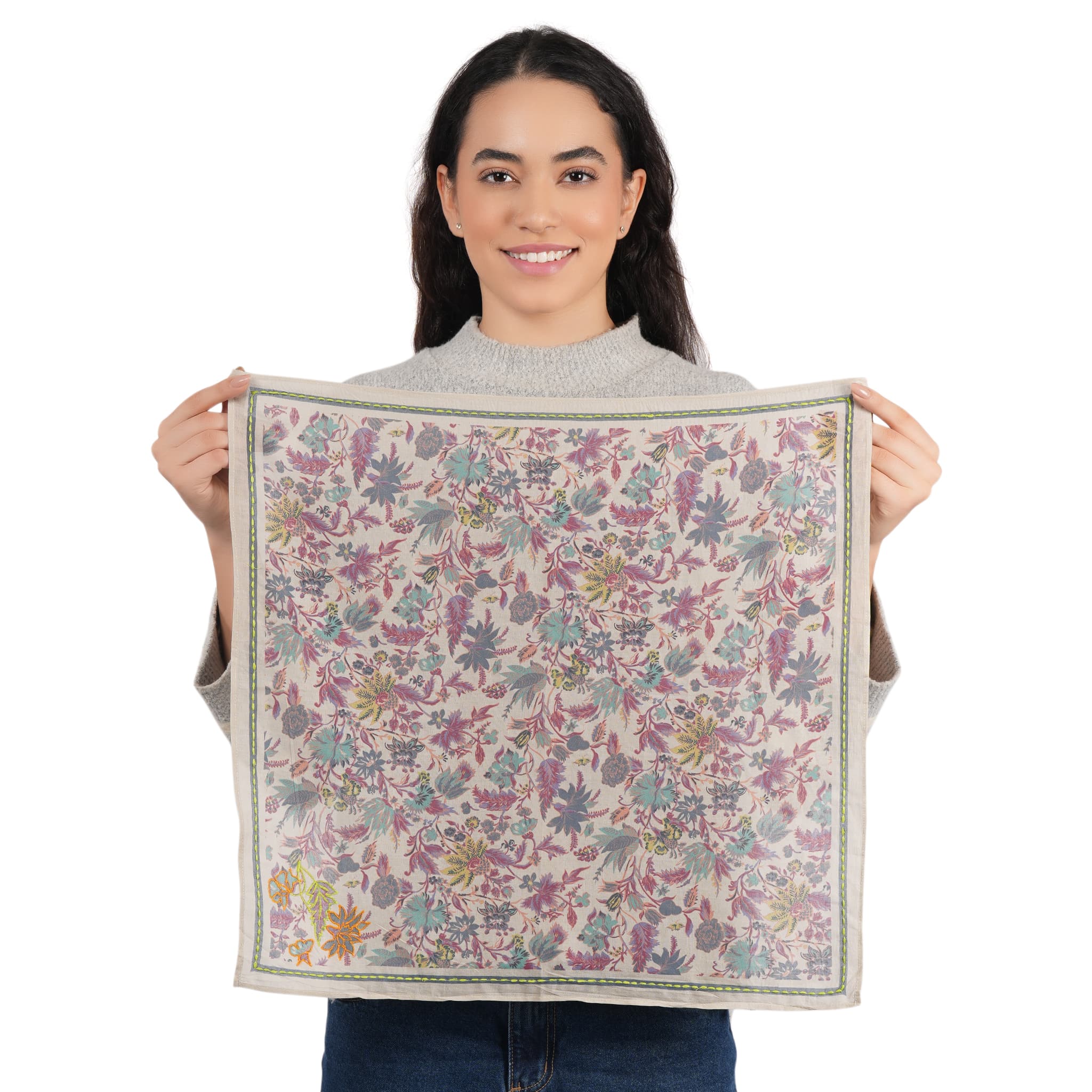 Beige Embroidered Bandana Scarf
