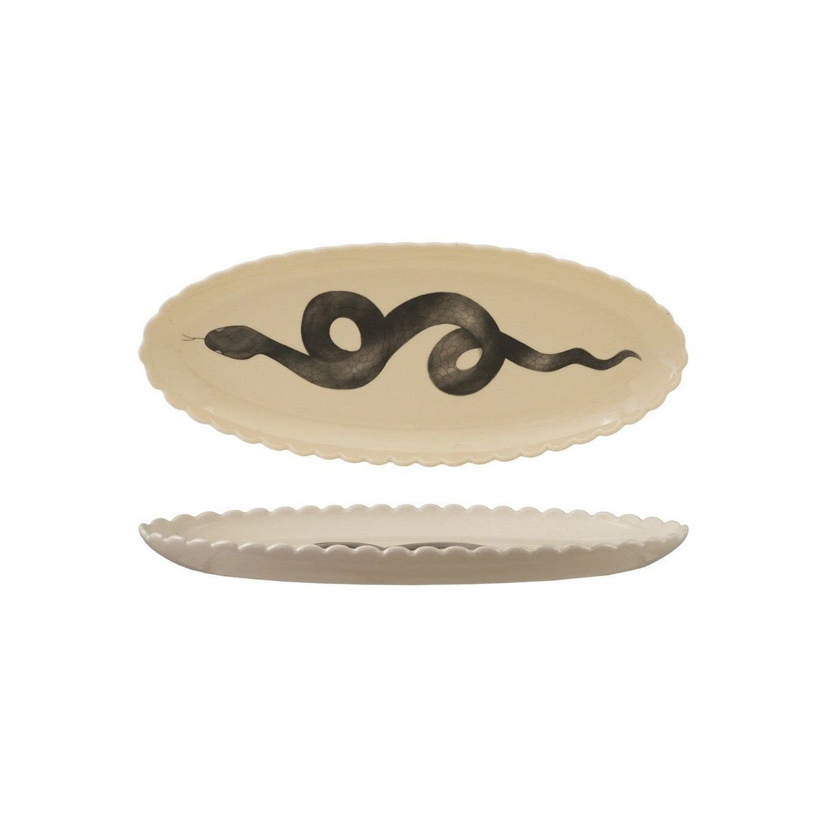 Creative Co-op Oval Scalloped Stoneware Snake Platter