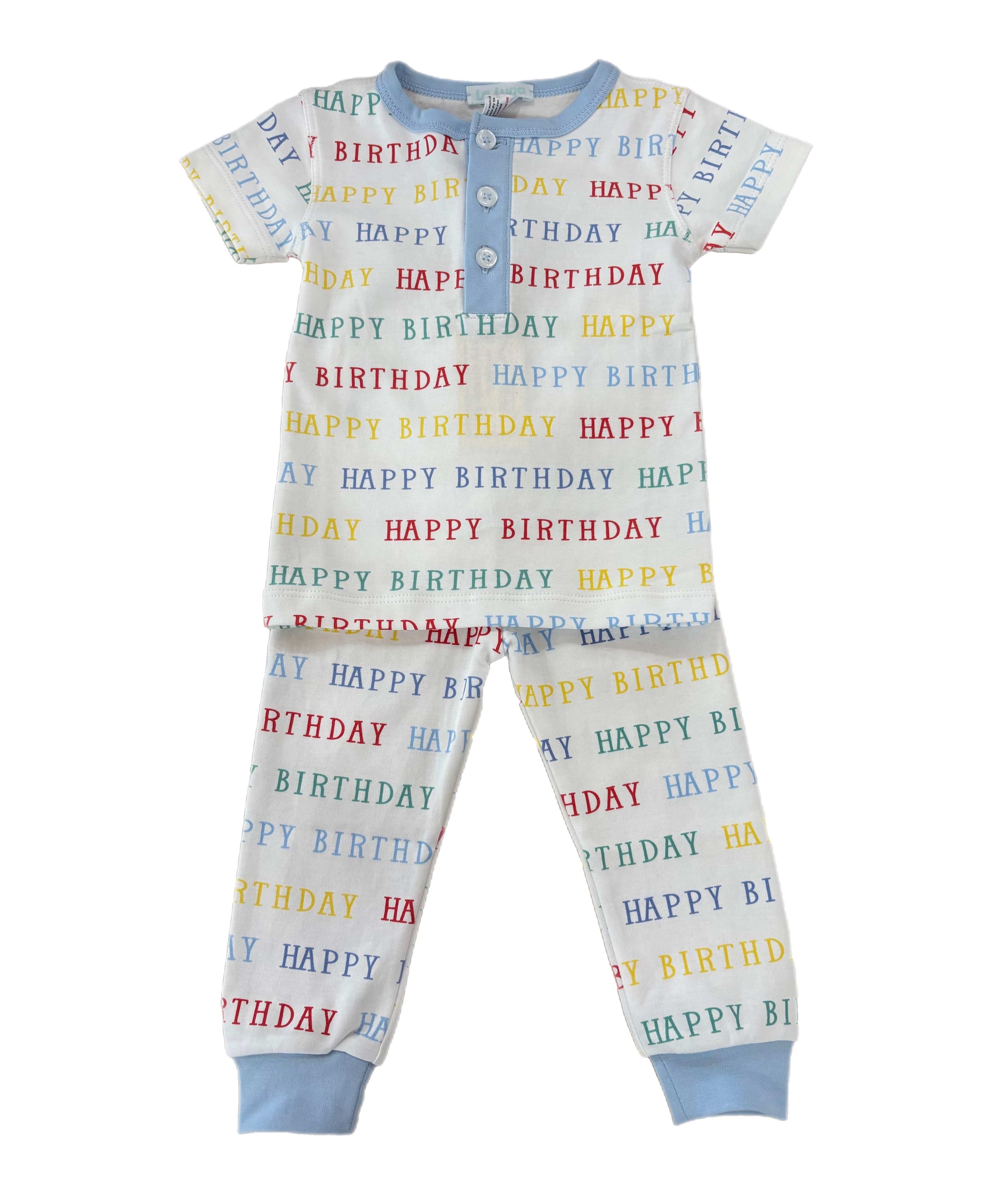 Happy Birthday Short Sleeve PJ Set with Blue Trim