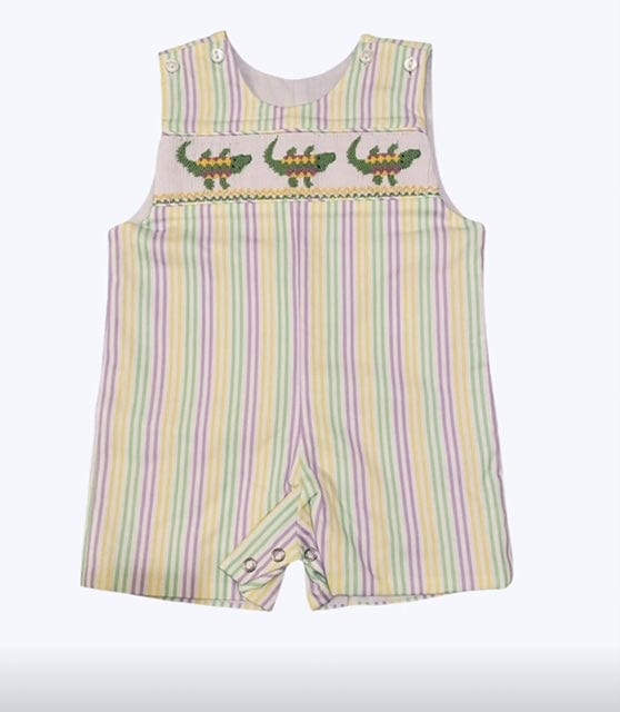 Lulu Bebe Alligator Smocked Mardi Gras Striped Pete Shortall