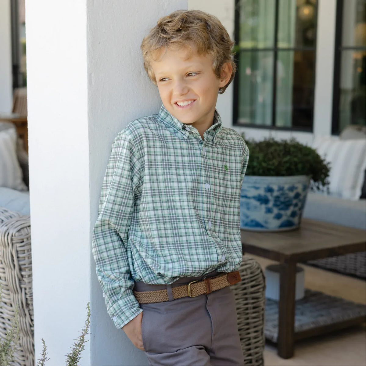 Roscoe Performance Button Down Shirt in Oak Plaid