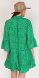 Loowie English Embroidered Short Dress with Billowy Sleeves in Green