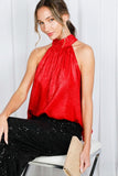 Vine & Love Metallic Halter Neck Tie Back Blouse in Red