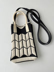 FurDecoration Black & Ivory Contrast Geometric Knit Bag with Silicone Handle and Long Knit Strap - Little Miss Muffin Children & Home