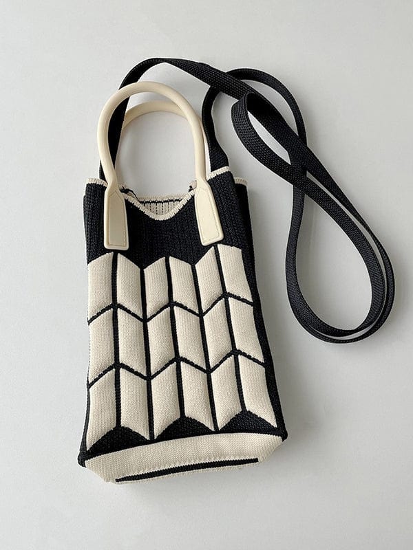 FurDecoration Black & Ivory Contrast Geometric Knit Bag with Silicone Handle and Long Knit Strap - Little Miss Muffin Children & Home