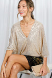 Vine & Love Allover Sequin V-Neck Dolman Sleeve Blouse in Gold