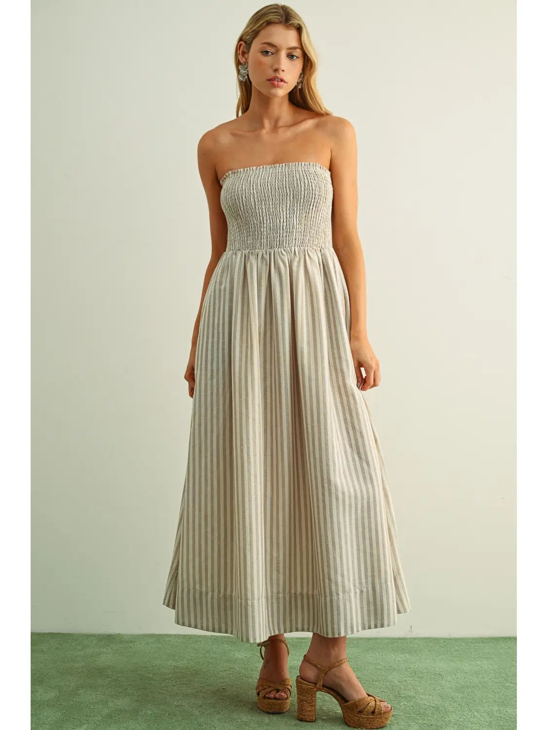 Striped Smocked Bodice Maxi Dress in Tan