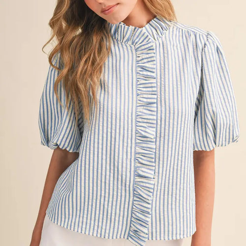 Ruffle Trim Striped Button Down Top in Azule Blue