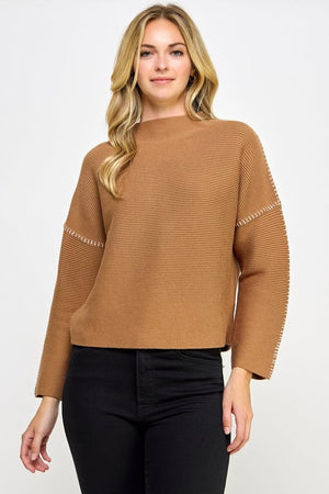 Ellison Contrast Stitch Mock Neck Sweater in Camel