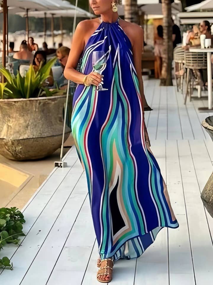 Rosa Clothing Wavy Print Halter Neck Maxi Dress Rosa Clothing Wavy Print Halter Neck Maxi Dress
