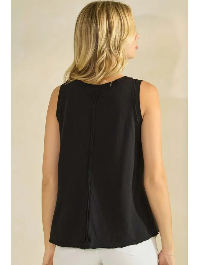 Soft Cotton Tank with Raw Edge Seams in Black
