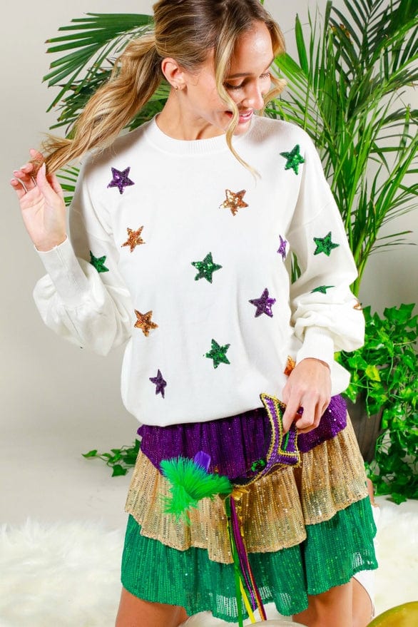 Vine & Love Vine & Love Balloon Sleeve Mardi Gras Sequin Stars Sweater - Little Miss Muffin Children & Home