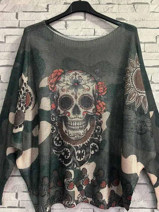 Loowie Olive Skull Print Knit Sweater