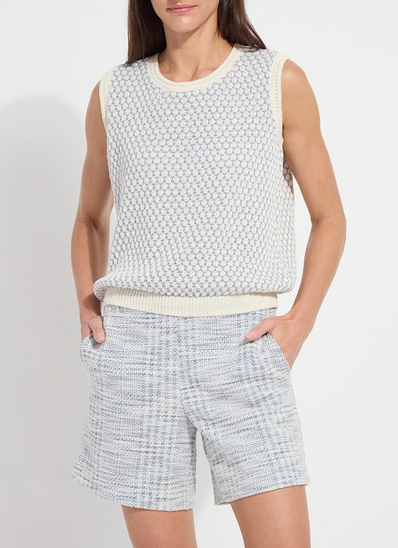 Claire Textured Mesh Sweater Shell in Ecru/Azzuro