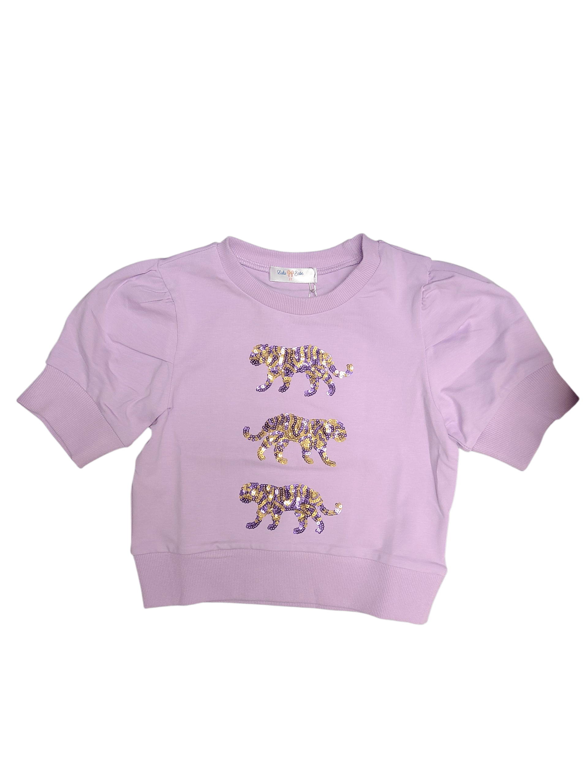 Lulu Bebe Lily Sequin Tiger Short Sleeve Lavender Top - Little Miss Muffin Children & Home