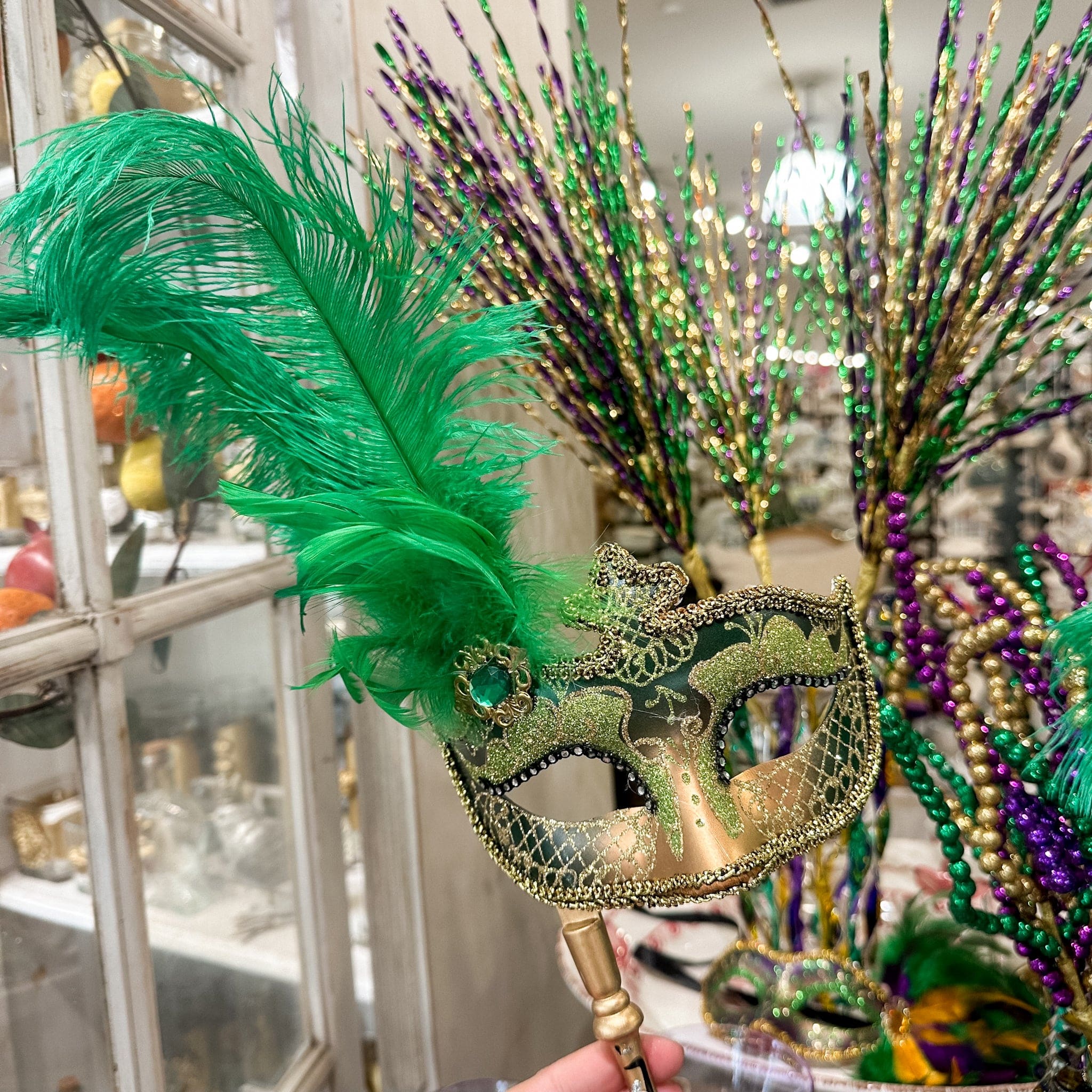 Mardi Gras Creations Green & Gold Anarkali Mask with Feathers & Detachable Stick - Little Miss Muffin Children & Home