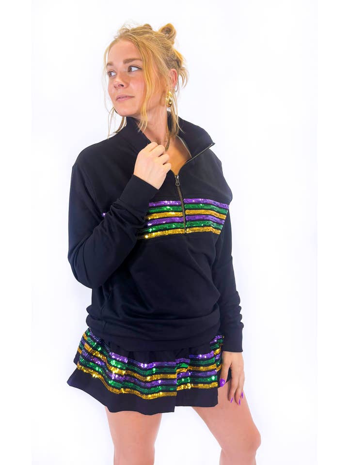 Black Mardi Gras Adult Sequin Chest Stripe 1/4 Zip Pullover
