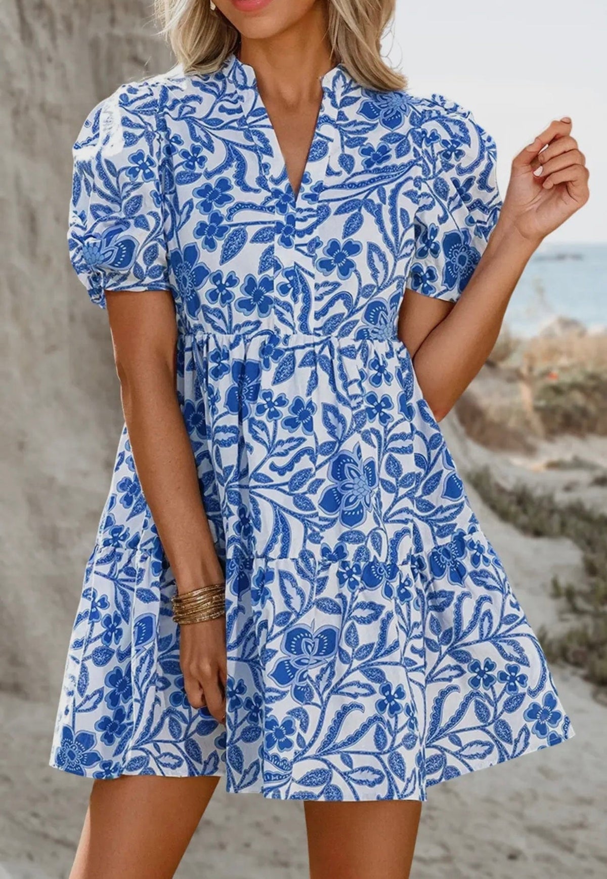 Aapparella Aapparella Blue Flower Print Puff Sleeve Tiered Dress - Little Miss Muffin Children & Home