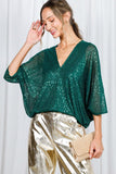 Vine & Love Allover Sequin V-Neck Dolman Sleeve Blouse in Hunter Green