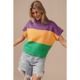 Ive Mardi Gras Color Block Drop Shoulder Short Sleeve Sweater