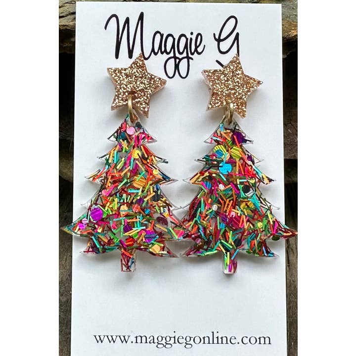Christmas Tree Rainbow Tinsel Resin Earrings