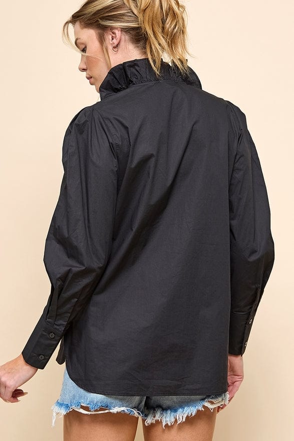 Cezele Cezele Ruffle Collar Button Down Blouse in Black - Little Miss Muffin Children & Home