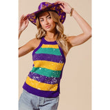 Ive Mardi Gras Stripe Tank Sweater with Clear Sequins