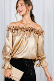 Vine & Love Ruffle Off-the-Shoulder Metallic Blouse in Gold