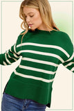 La Miel Striped Mock Neck Dolman Sleeve Loose Fit Sweater in Pine Tree