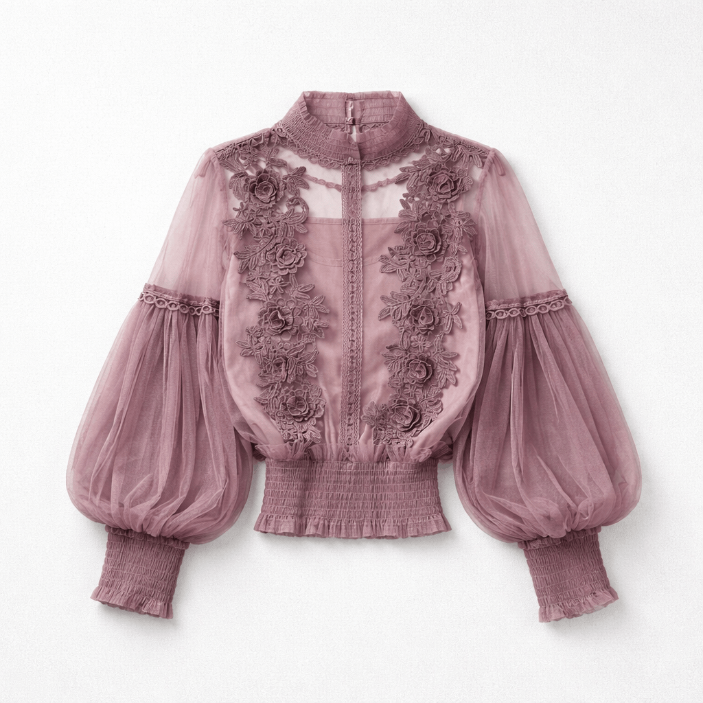 Sheer Vintage Mesh Balloon Sleeve Top with Cami in Purple