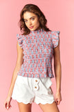 Smocked Ruffle Trimmed Back Tie Blouse